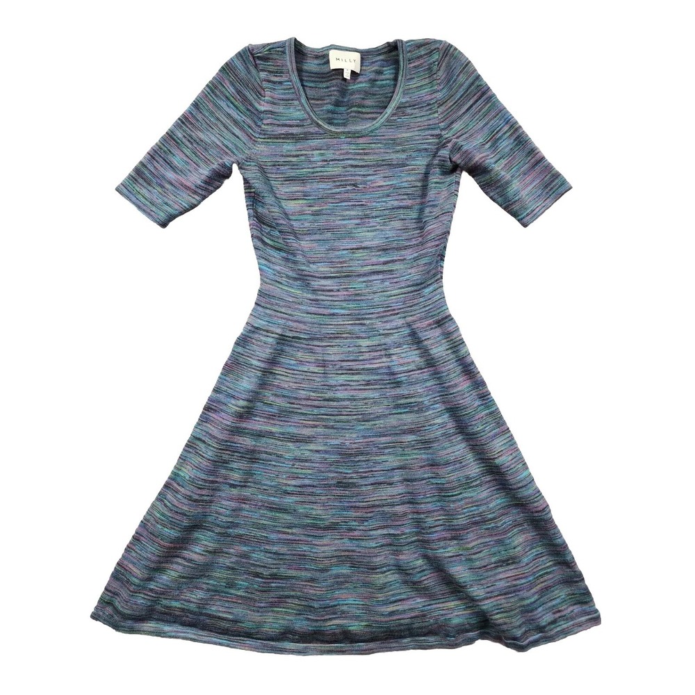 Milly Fit and Flare Dress Women Size 0-2 Blue Space Dye Knit Short Sleeve